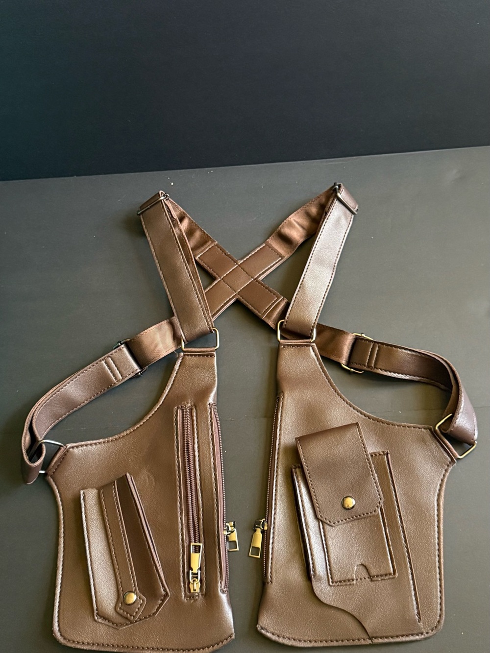 Brown Faux Leather Utility Harness Vest
